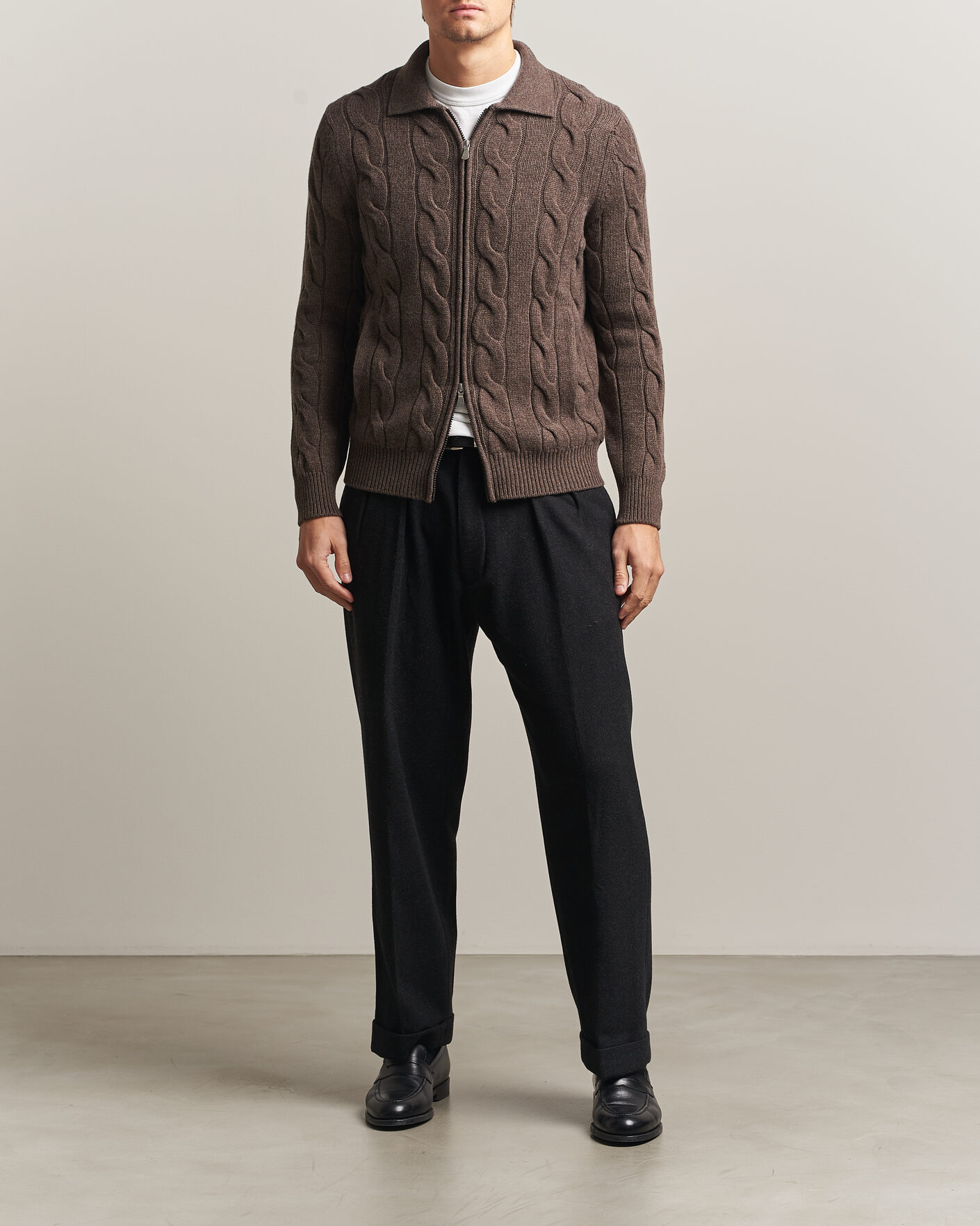Herre | Trøjer | Gran Sasso | Wool/Cashmere Cable Full Zip Dark Brown Melange