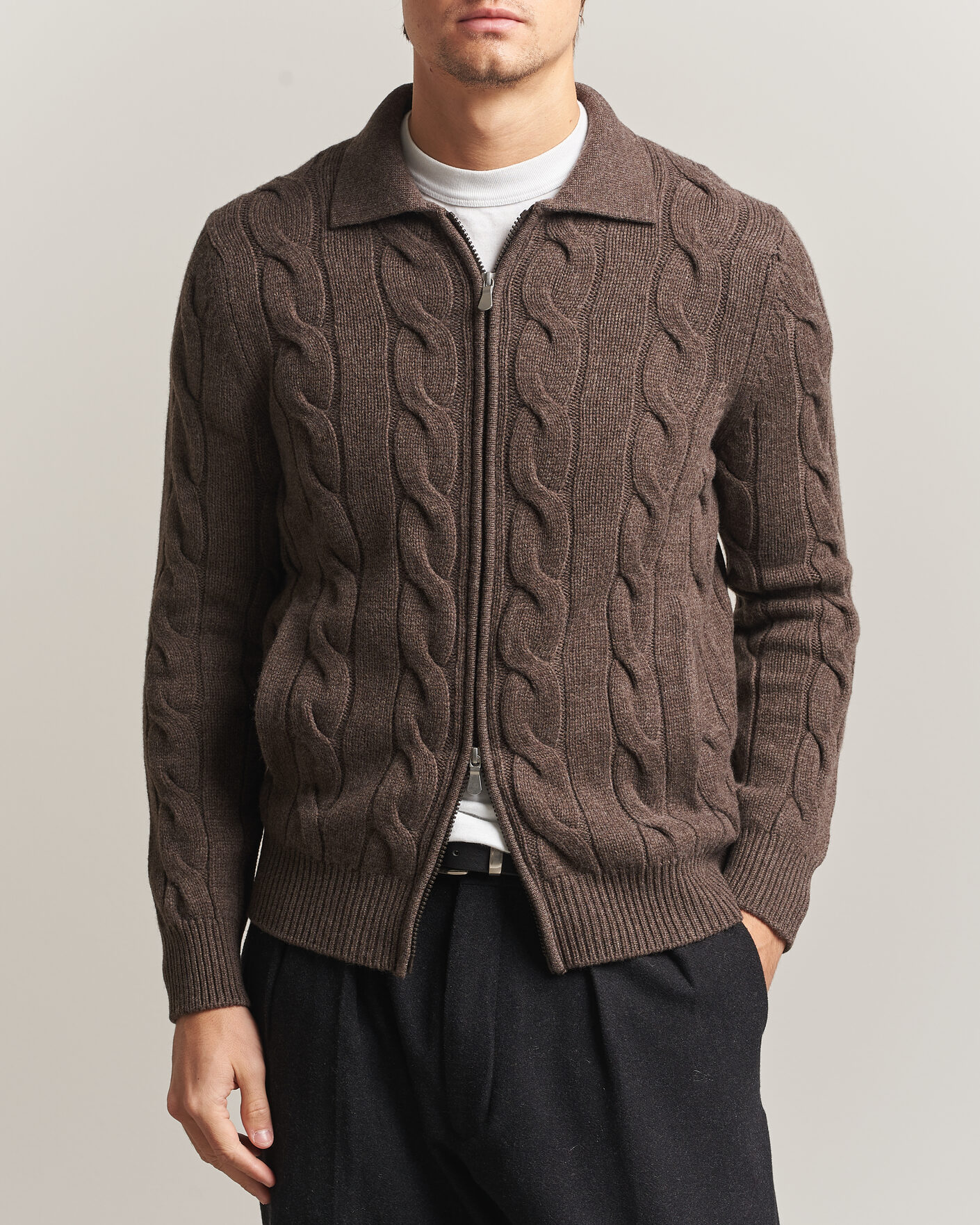 Herre | Trøjer | Gran Sasso | Wool/Cashmere Cable Full Zip Dark Brown Melange