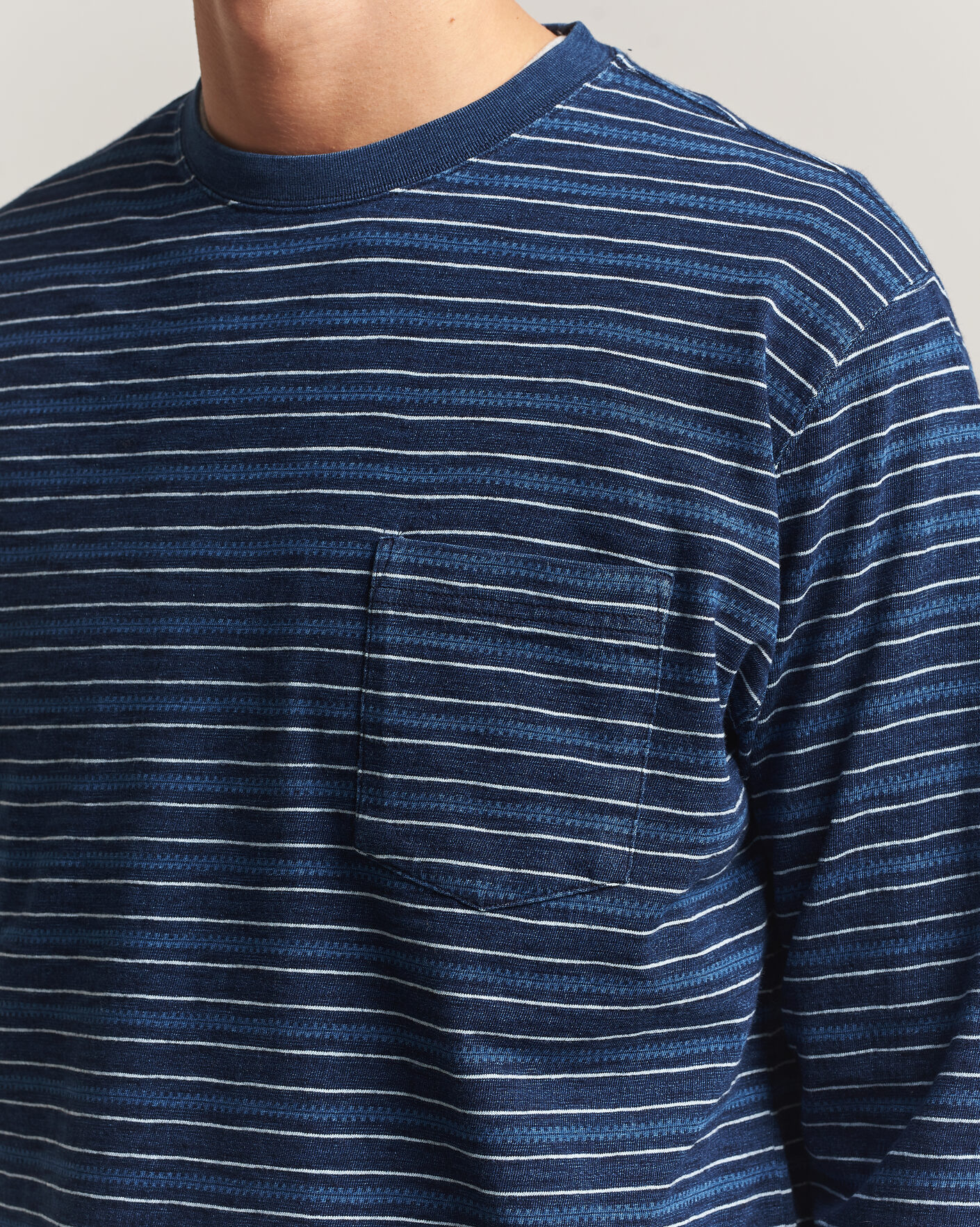 Herre | T-Shirts | BEAMS PLUS | Indigo Stripe LS T-Shirt Navy