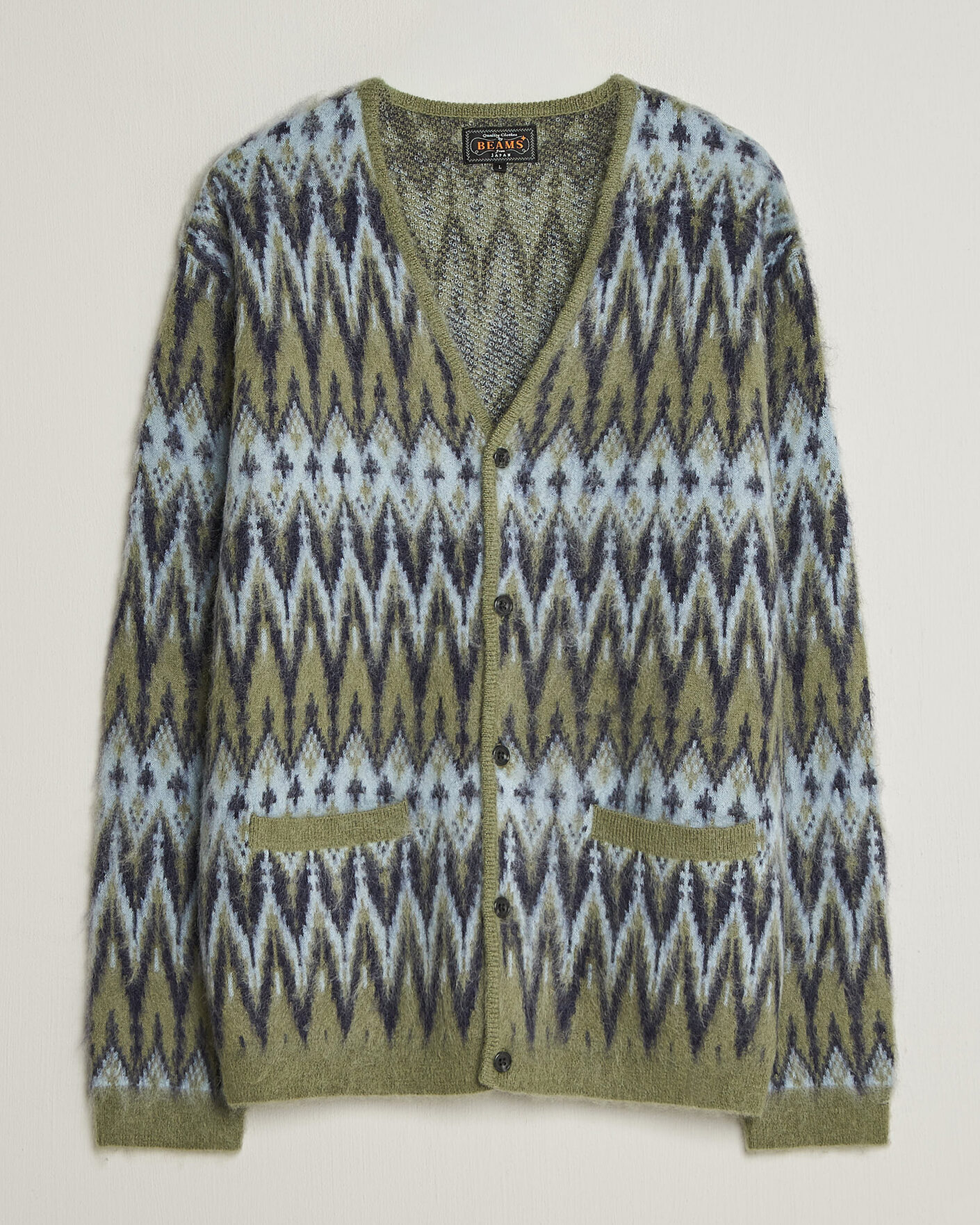 Herre | Trøjer | BEAMS PLUS | Chevron Jacquard Cardigan Green/Grey