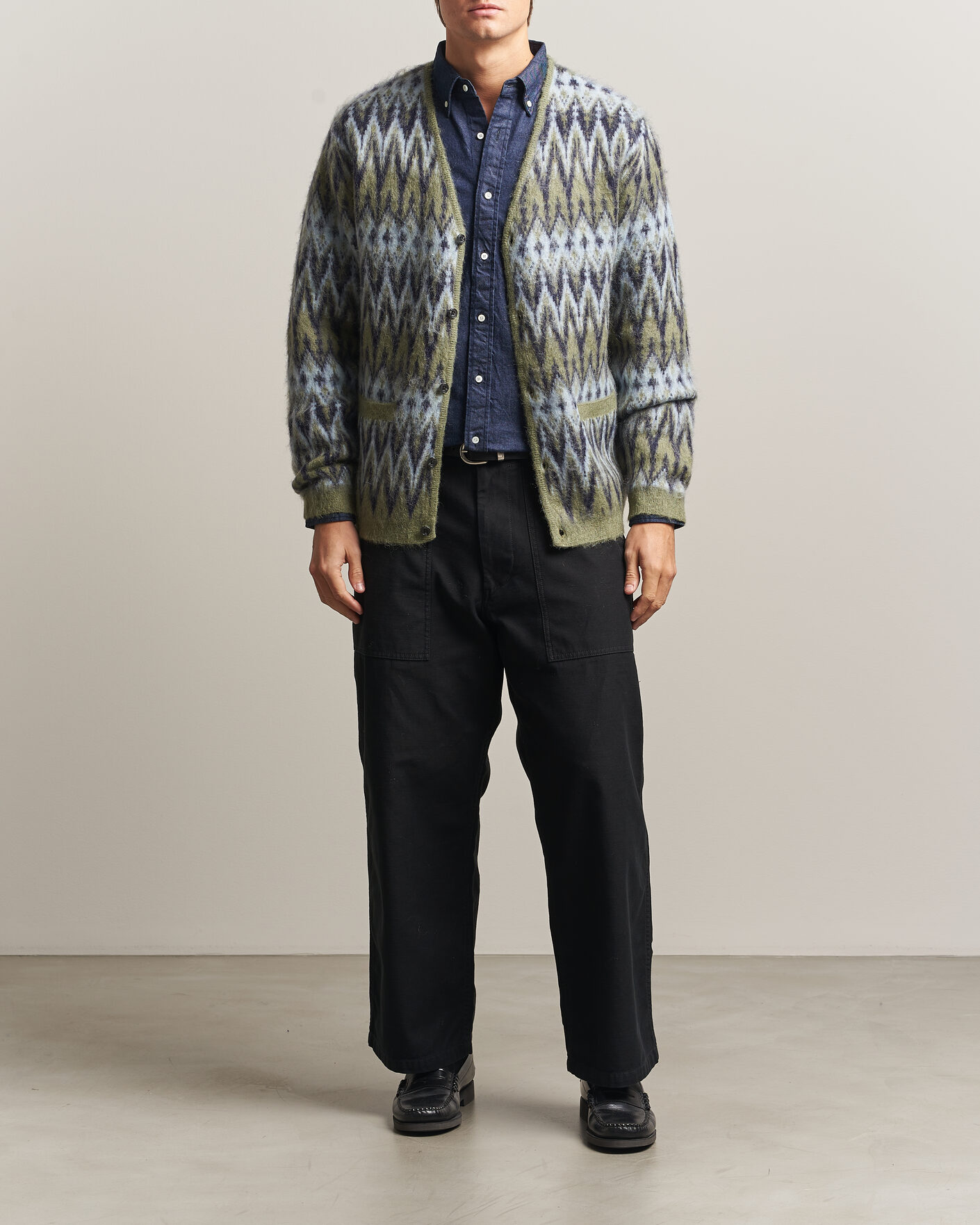 Herre | Trøjer | BEAMS PLUS | Chevron Jacquard Cardigan Green/Grey