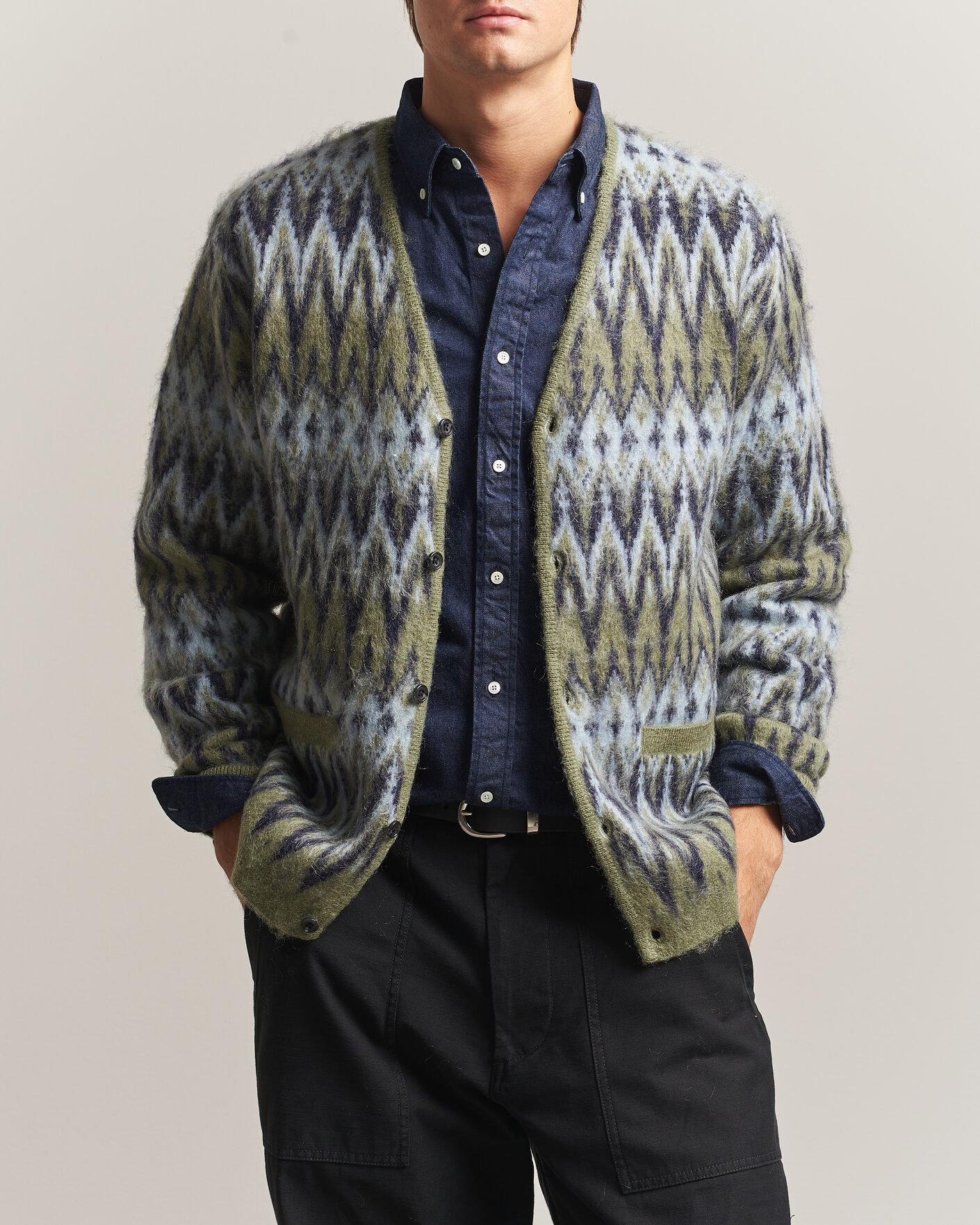 Herre | Trøjer | BEAMS PLUS | Chevron Jacquard Cardigan Green/Grey