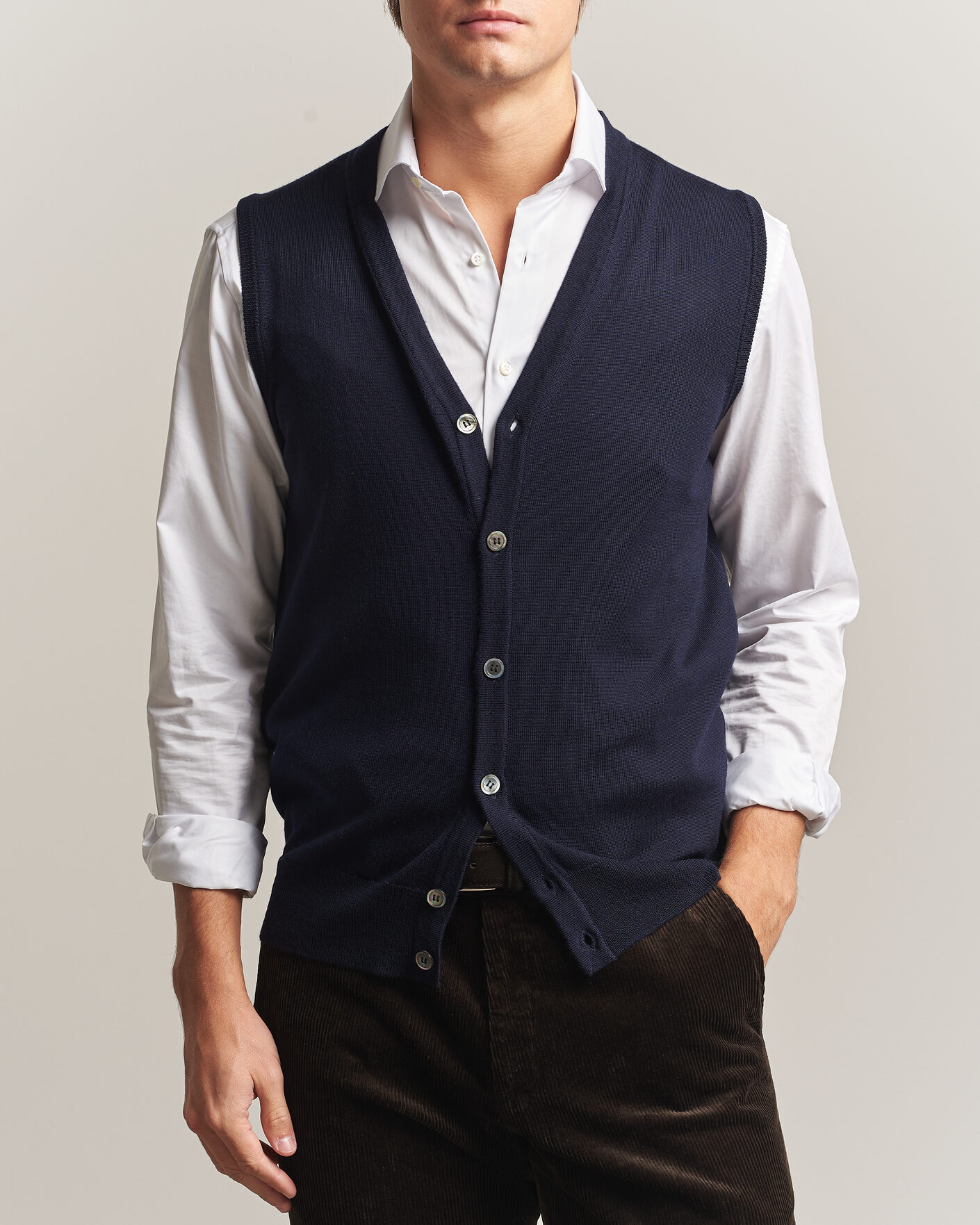 Herre | Trøjer | Morgano | Extra Fine Merino Wool Sleevles Cardigan Vest Navy