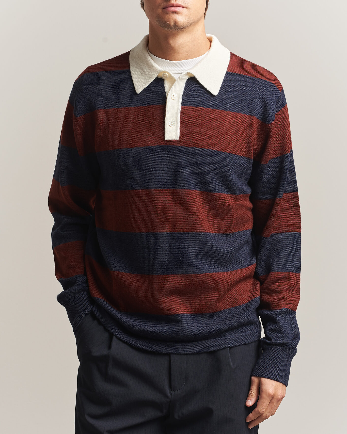 Herre | Trøjer | A Day's March | Kenny Striped Merino Rugby Sweater Rust/Navy