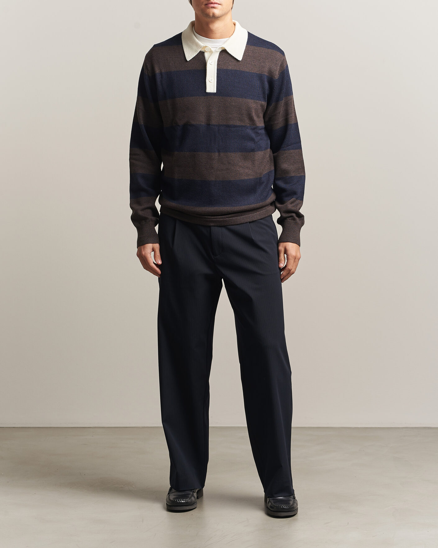 Herre | Trøjer | A Day's March | Kenny Striped Merino Rugby Sweater Brown/Navy