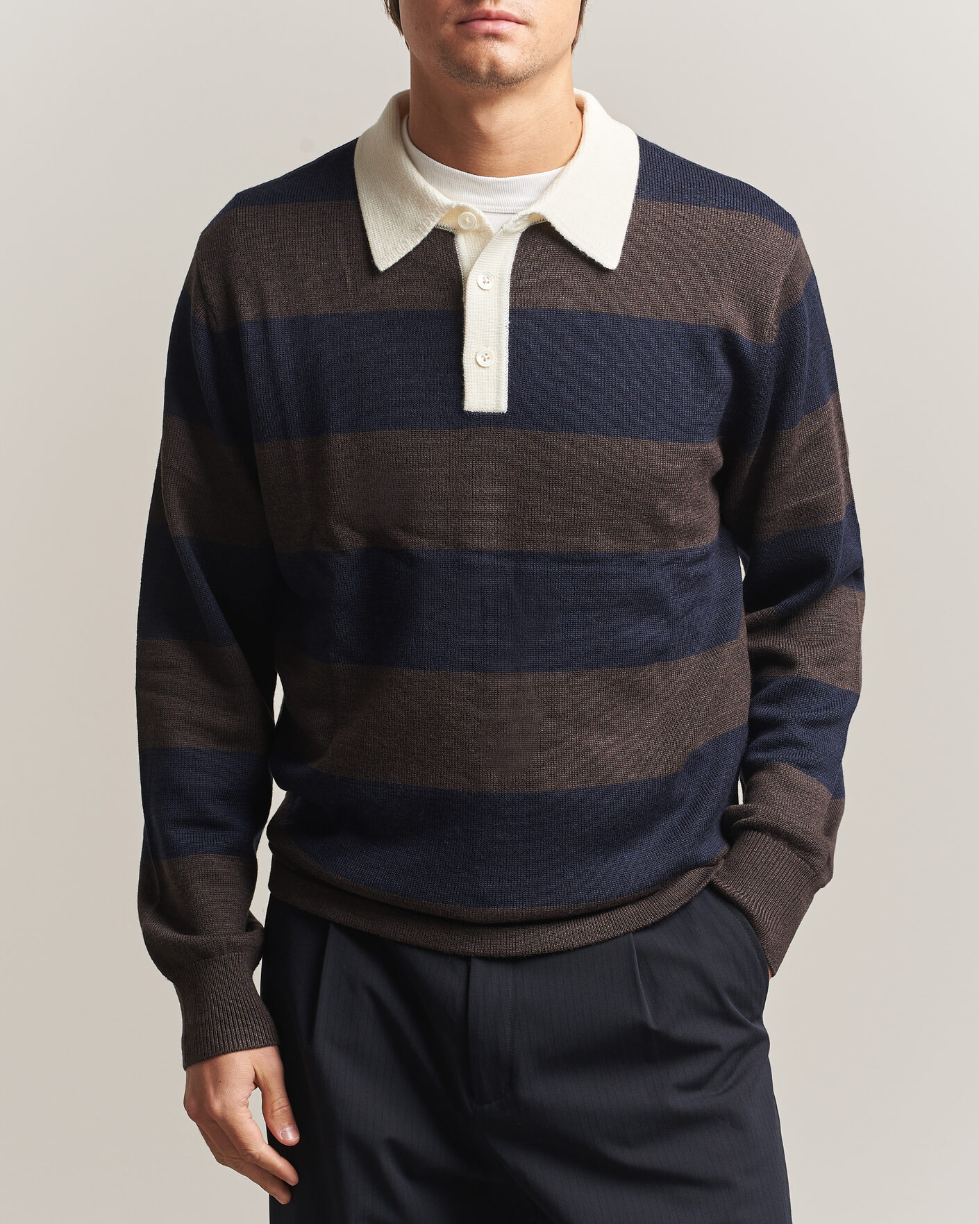 Herre | Trøjer | A Day's March | Kenny Striped Merino Rugby Sweater Brown/Navy