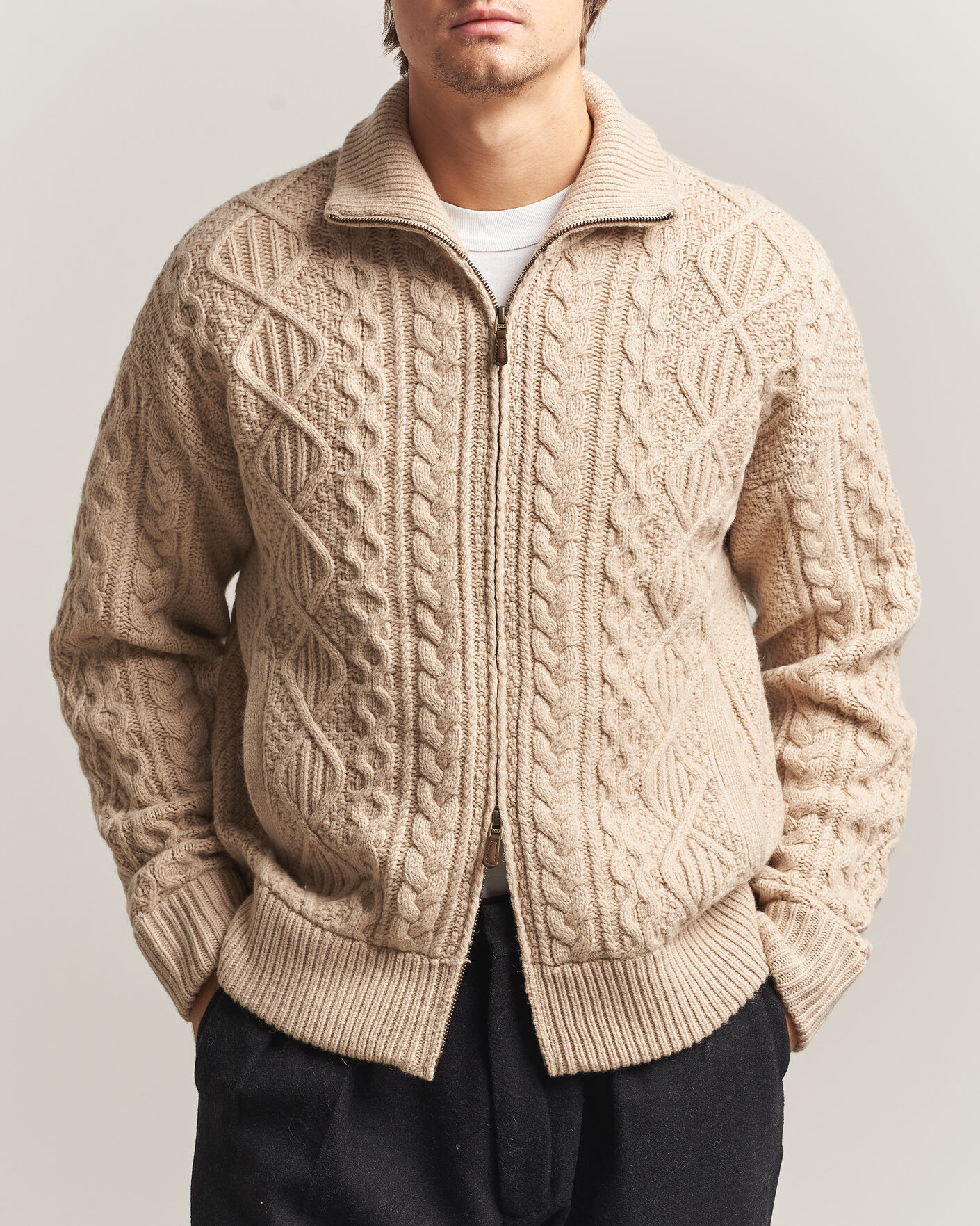Herre | Trøjer | Polo Ralph Lauren | Wool/Alpaca Aran Full-Zip Jicama Brown Heather