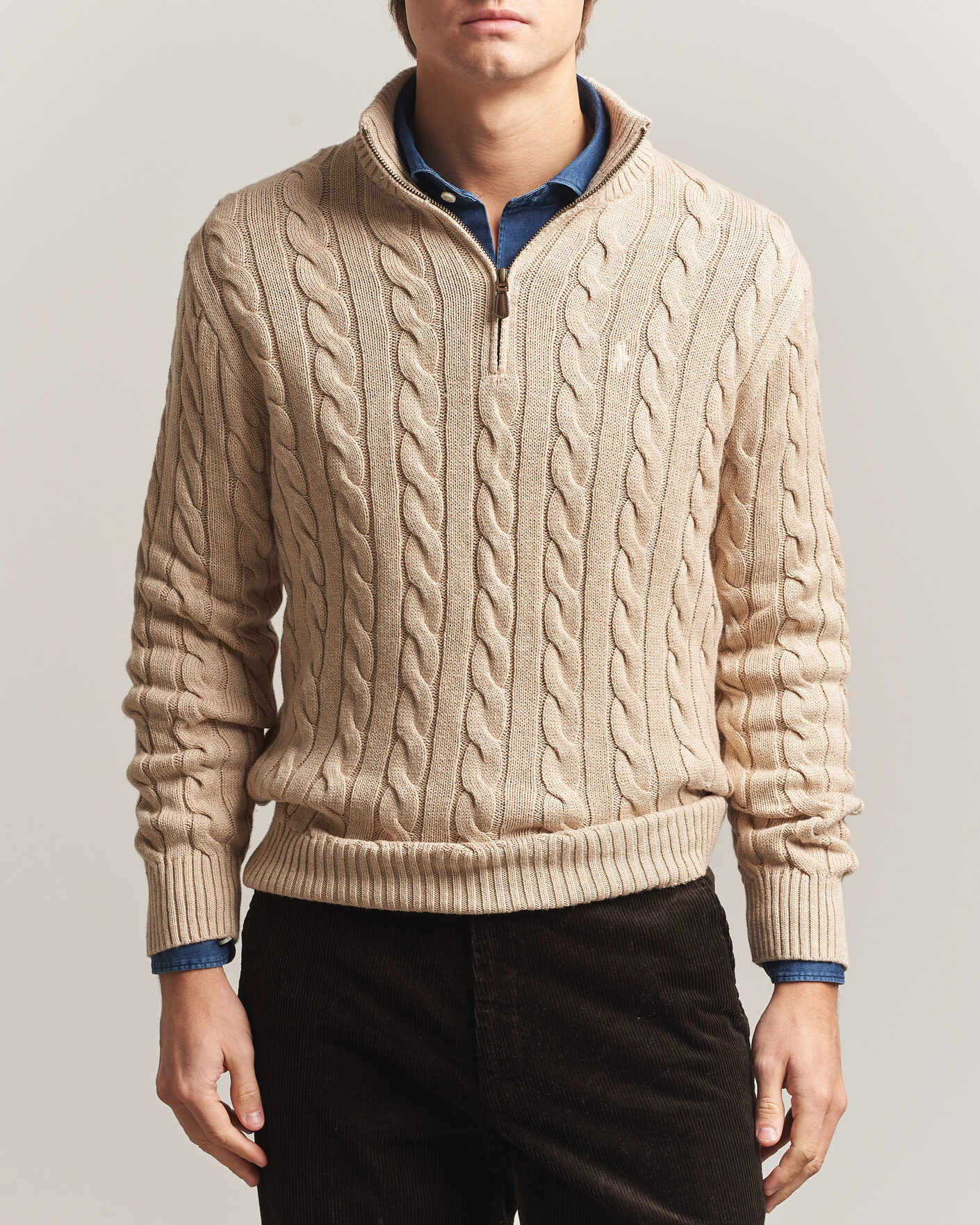 Herre | Trøjer | Polo Ralph Lauren | Cotton Cable Half Zip Brown Heather