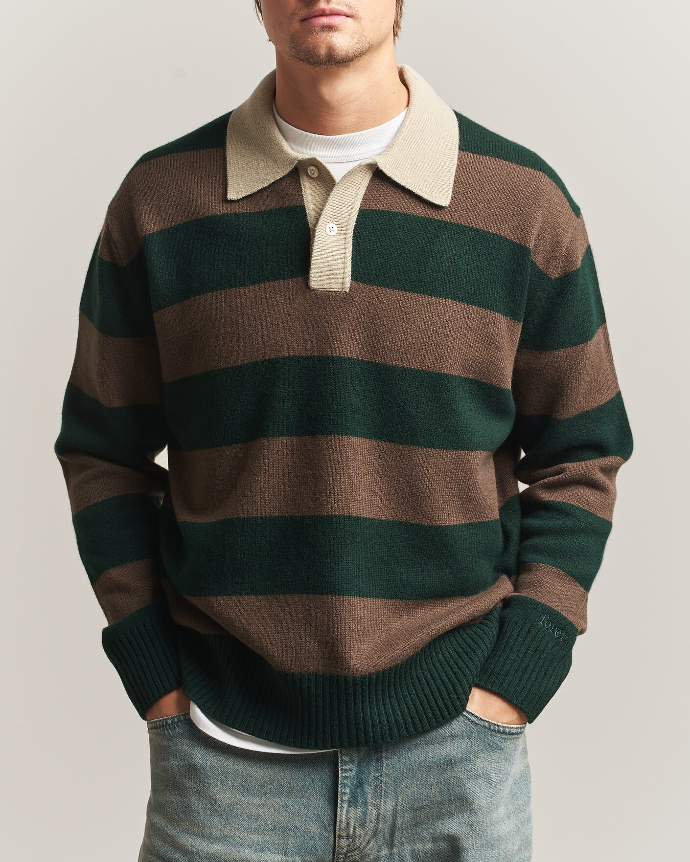 Herre | Trøjer | Forét | Frost Stripe Knit Polo Deep Green