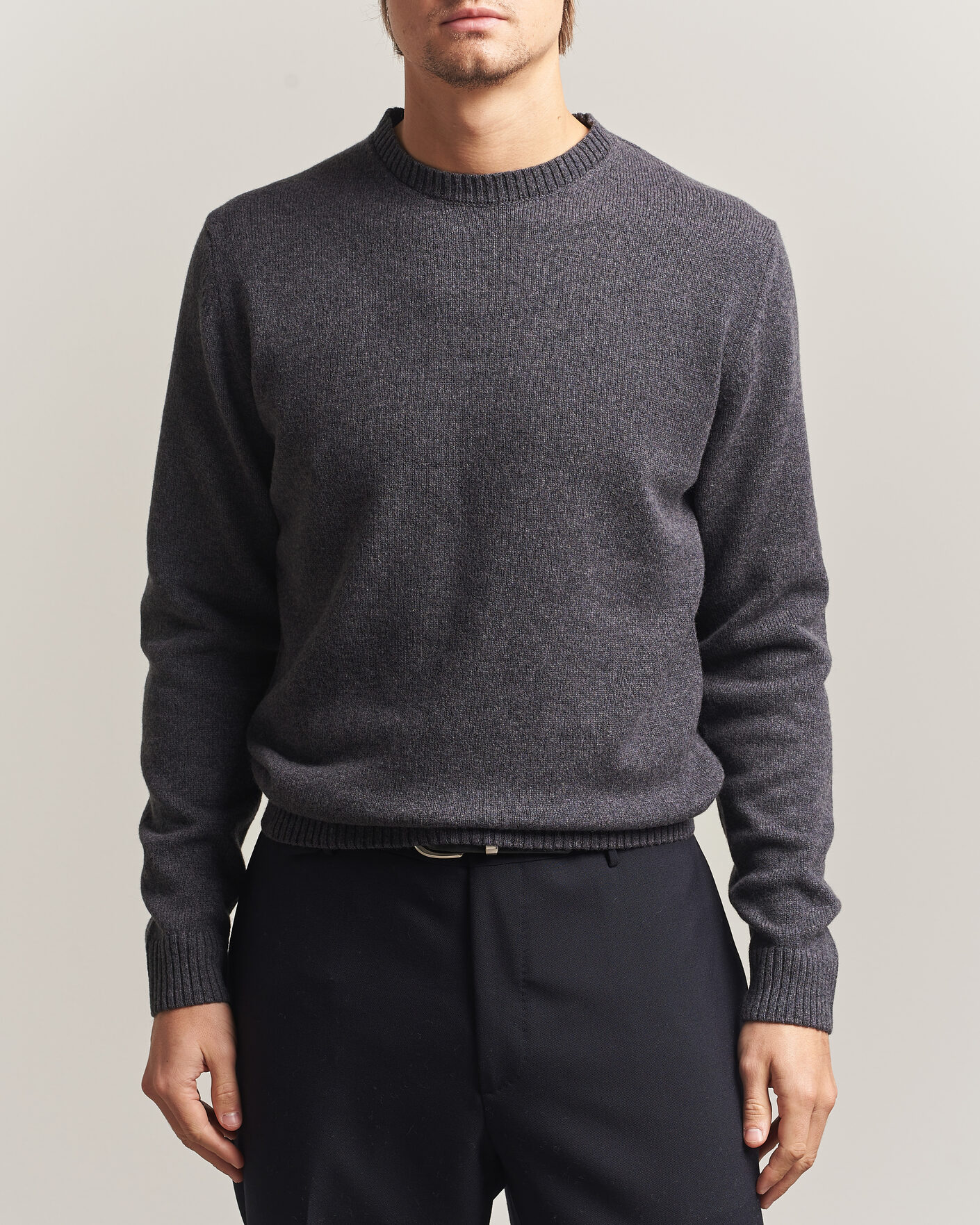 Herre | Trøjer | Stenströms | Knitted Lambswool Crew Neck Dark Grey Melange