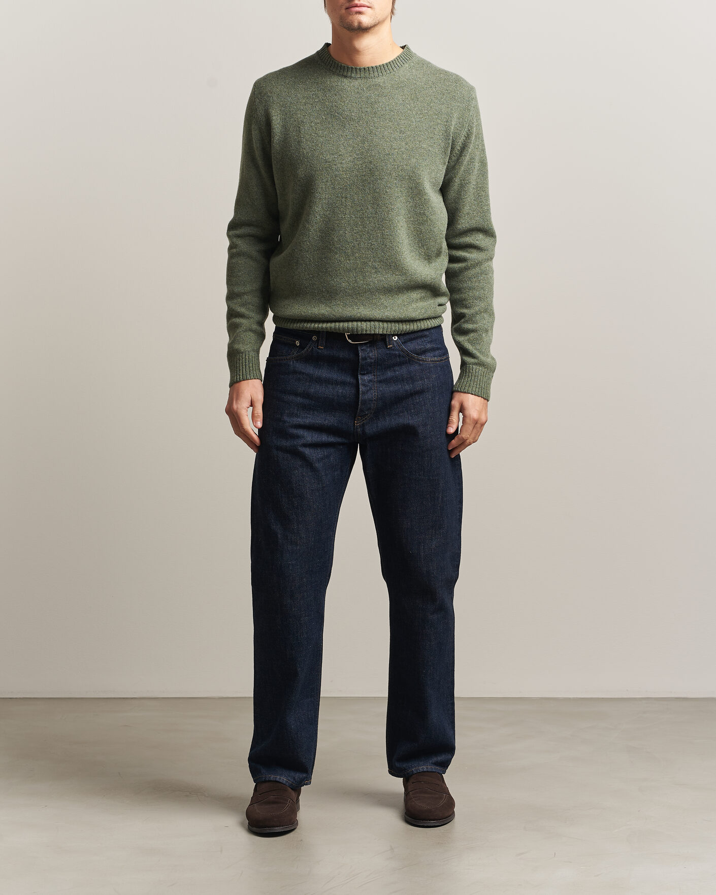 Herre | Trøjer | Stenströms | Knitted Lambswool Crew Neck Light Army Green Melange