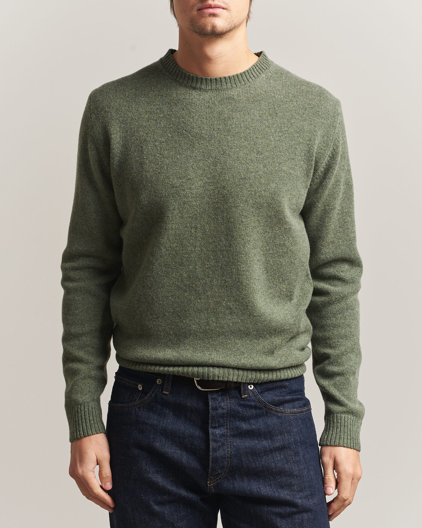 Herre | Trøjer | Stenströms | Knitted Lambswool Crew Neck Light Army Green Melange