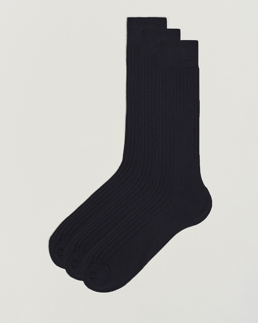 Herre | Undertøj | Bresciani | 3-pack Wool/Nylon Ribbed Short Socks Navy