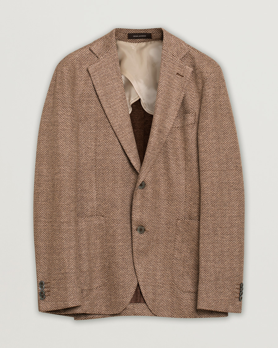 Herre | Oscar Jacobson Egel Patch Herringbone Linen Blazer Brown | Pre-owned | Oscar Jacobson Egel Patch Herringbone Linen Blazer Brown