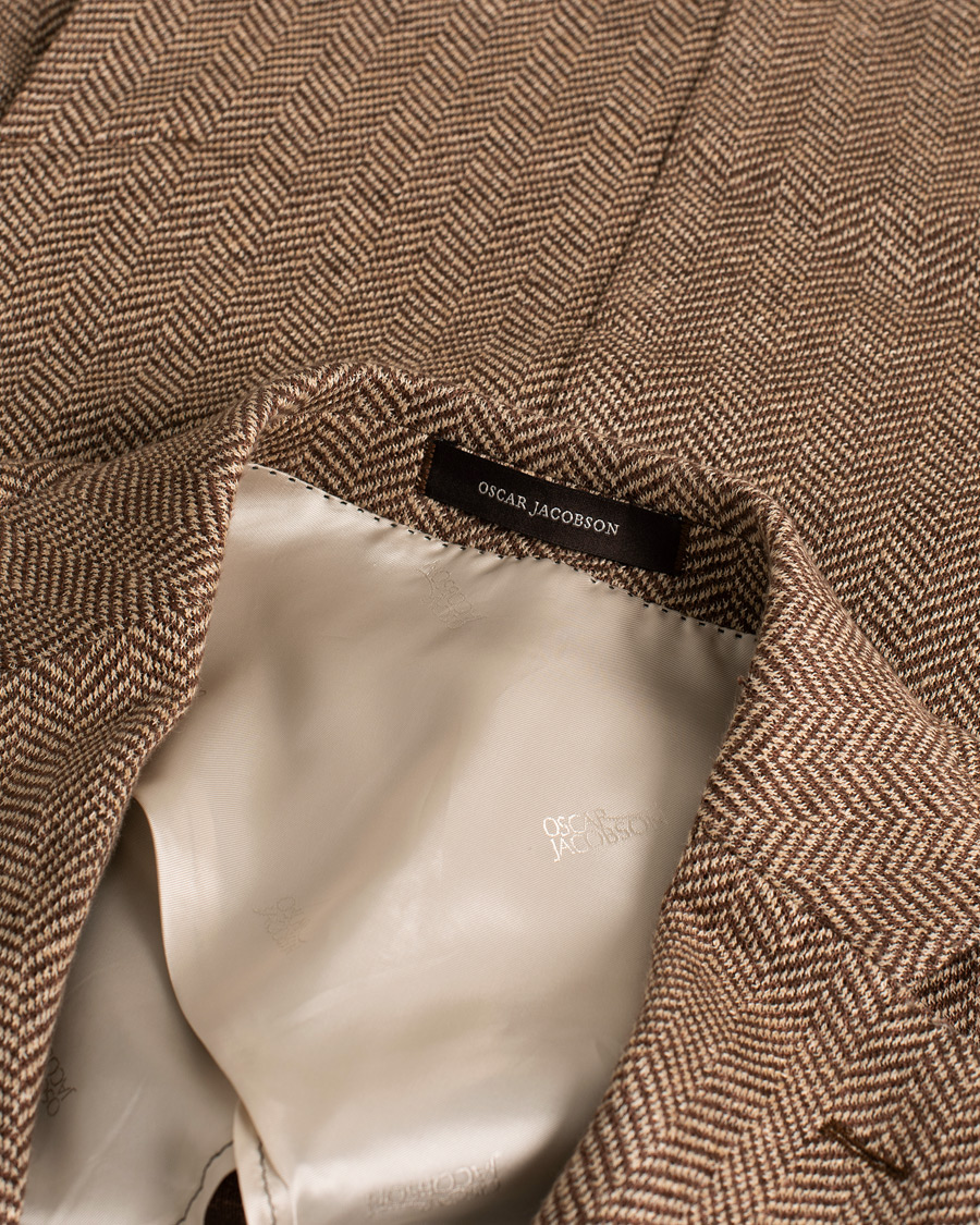 Herre | Oscar Jacobson Egel Patch Herringbone Linen Blazer Brown | Pre-owned | Oscar Jacobson Egel Patch Herringbone Linen Blazer Brown
